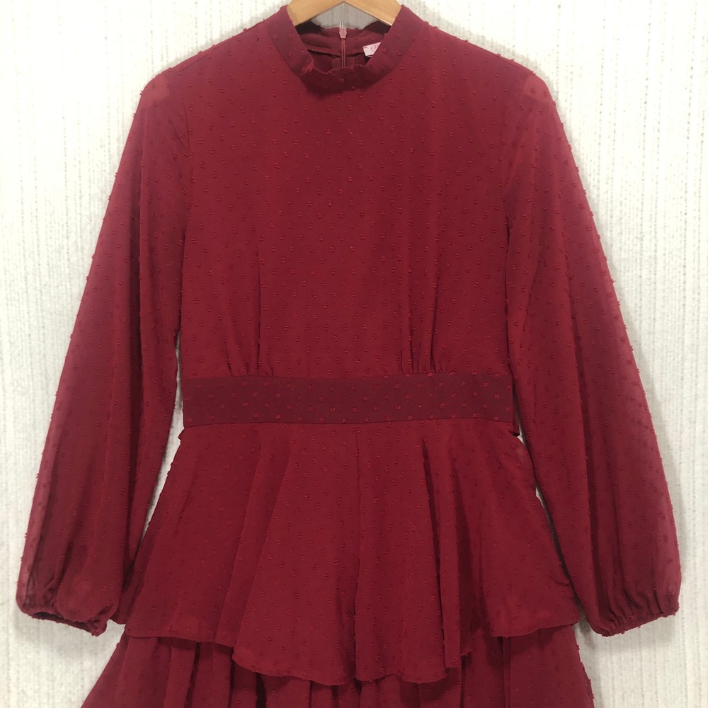 Pink Lily Burgundy Swiss Dot Ruffle Tiered Mock Neck Long Sleeve Dress M